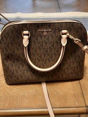Michael Kors Brown Logo Dome Satchel with Blush Trim